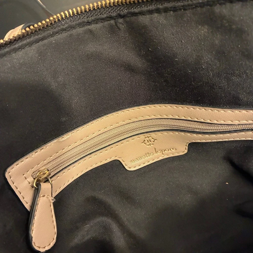 Nanette Lepore Black Tan Faux Leather Dome Crossbody Satchel Bag Gold Hardware